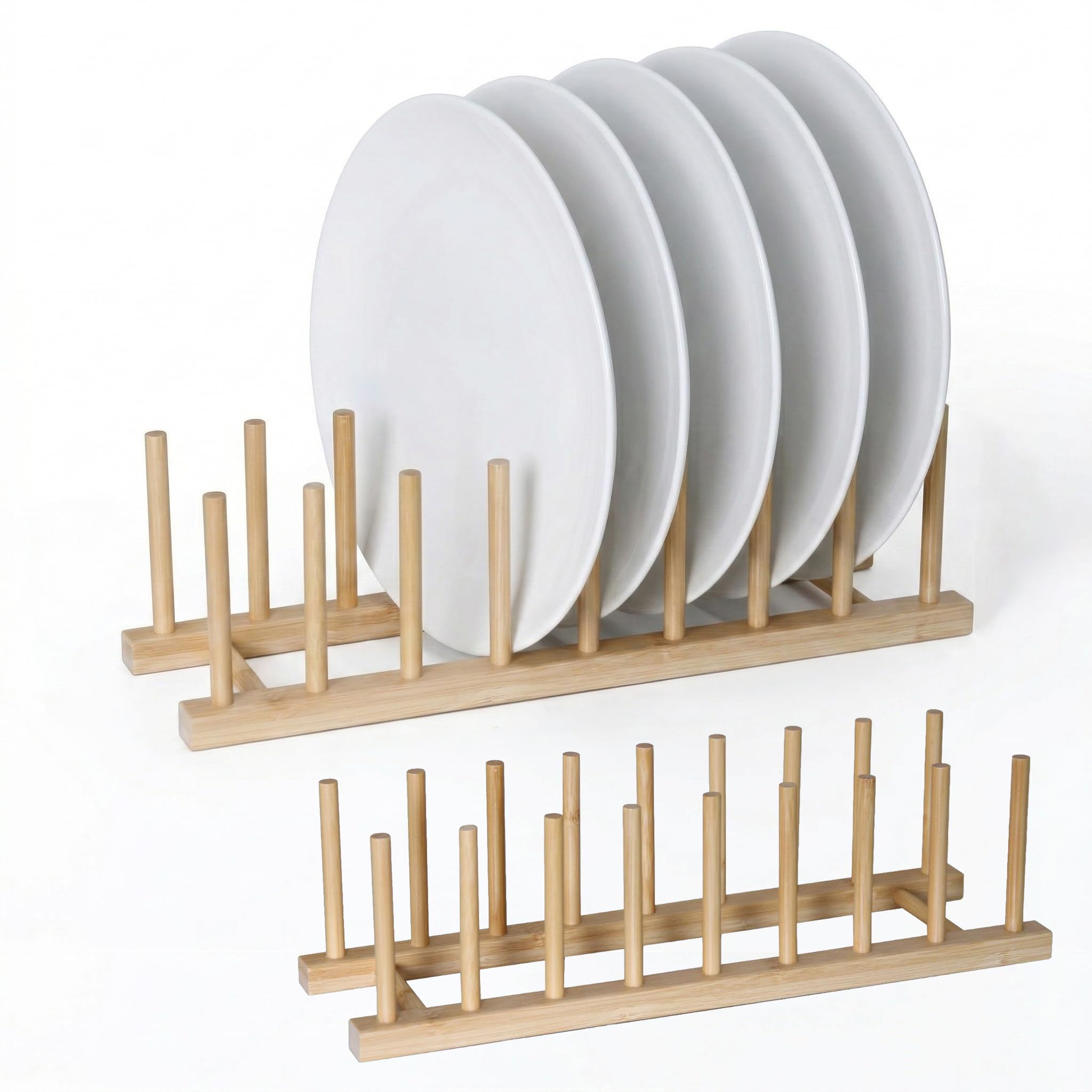 Fooduck Bamboo Dish Rack 2 Pack, Wooden Plate Rack with 8 Slots, Dish Holder Organizer for Plates, Lids, Bowls, Cups and Cutting Boards, Kitchen Cabinet Storage