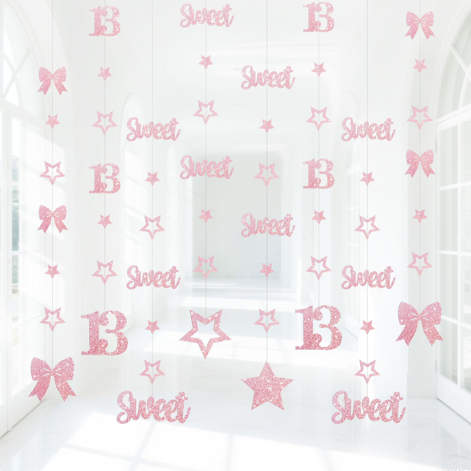 Pink Rose Gold Sweet 13 Decorations for Girls Kit,Pre-Strung 13th Glitter Twinkle Stars, Bows & Number 13 Birthday Hanging Streamer Banner Supplies,Happy Thirteen Party Décor Supplies