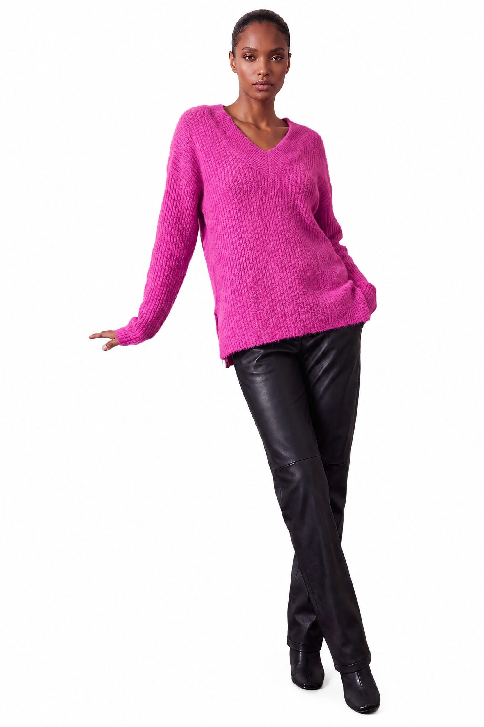 Roman Originals Women's Magenta Plain V-Neck Fluffy Knit Jumper For Uk - Everyday Autumn Winter V-Neckline Comfy Soft Evening Vacation Work Party Night Out - Size 20
