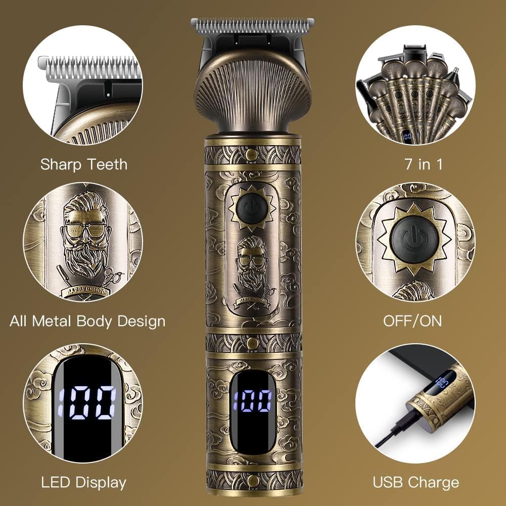 Close-up of the Surker trimmer showing sharp teeth, all-metal body design, LED display, ON/OFF button, and USB charging port.