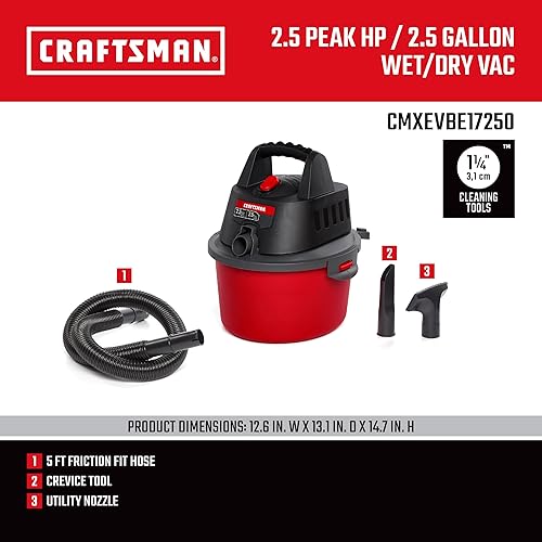 Vista 3 de CRAFTSMAN CMXEVBE17250 Aspiradora húmeda y seca de 2.5 galones y 2.5 HP de potencia máxima, aspiradora portátil de taller húmeda y seca con bolsa