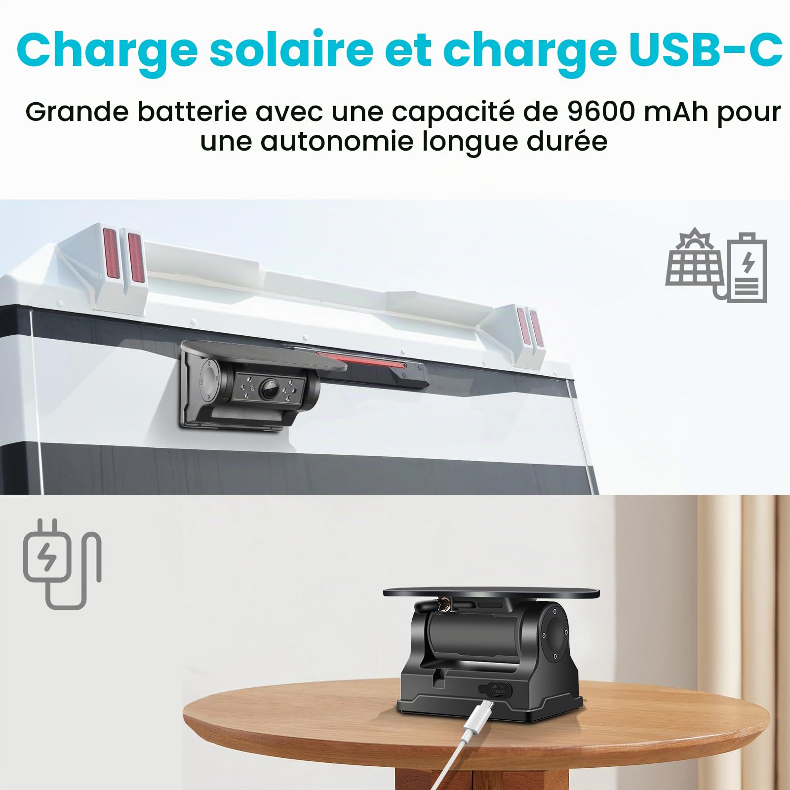 Caméra de recul Solaire WiFi, caméra de recul magnétique sans Fil, FHD 1080p, Vision Nocturne Infrarouge, étanche IP69K, pour iPhone Android, Aide au stationnement, Voiture, Camping-Car
