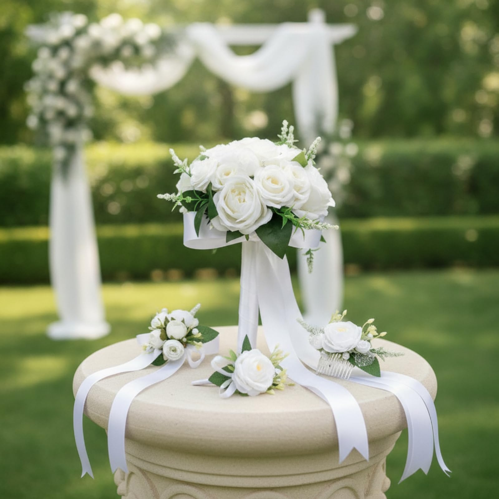 4 Pezzi Bouquet Nuziale Fiori Artificiali Set Matrimonio Composizione Floreale Boutonniere Polsiera Pettinino Leggero con Pettine Metallo Spille