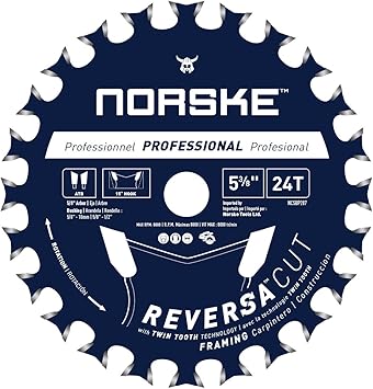 Norske Tools NCSBP287 5-3/8 inch x 24T Reversa Cut Thin Kerf Framing Saw Blade Japanese Steel 5/8 inch Bore with 2 Bushings One Blade with Double Life Time