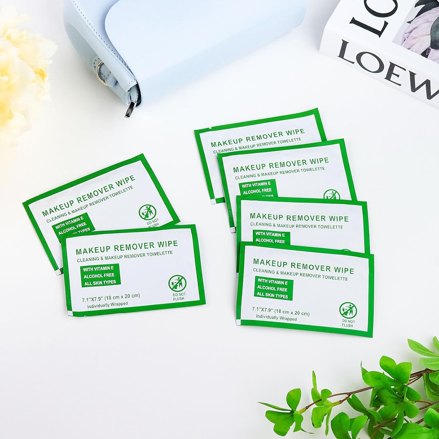 Individual Makeup Remover Wipes Bulk - Pack of 200,Green Individually Wrapped Face Cleansing Wipes Travel Size for Mascara,Lipstick,Skin Care,Hotel Toiletries