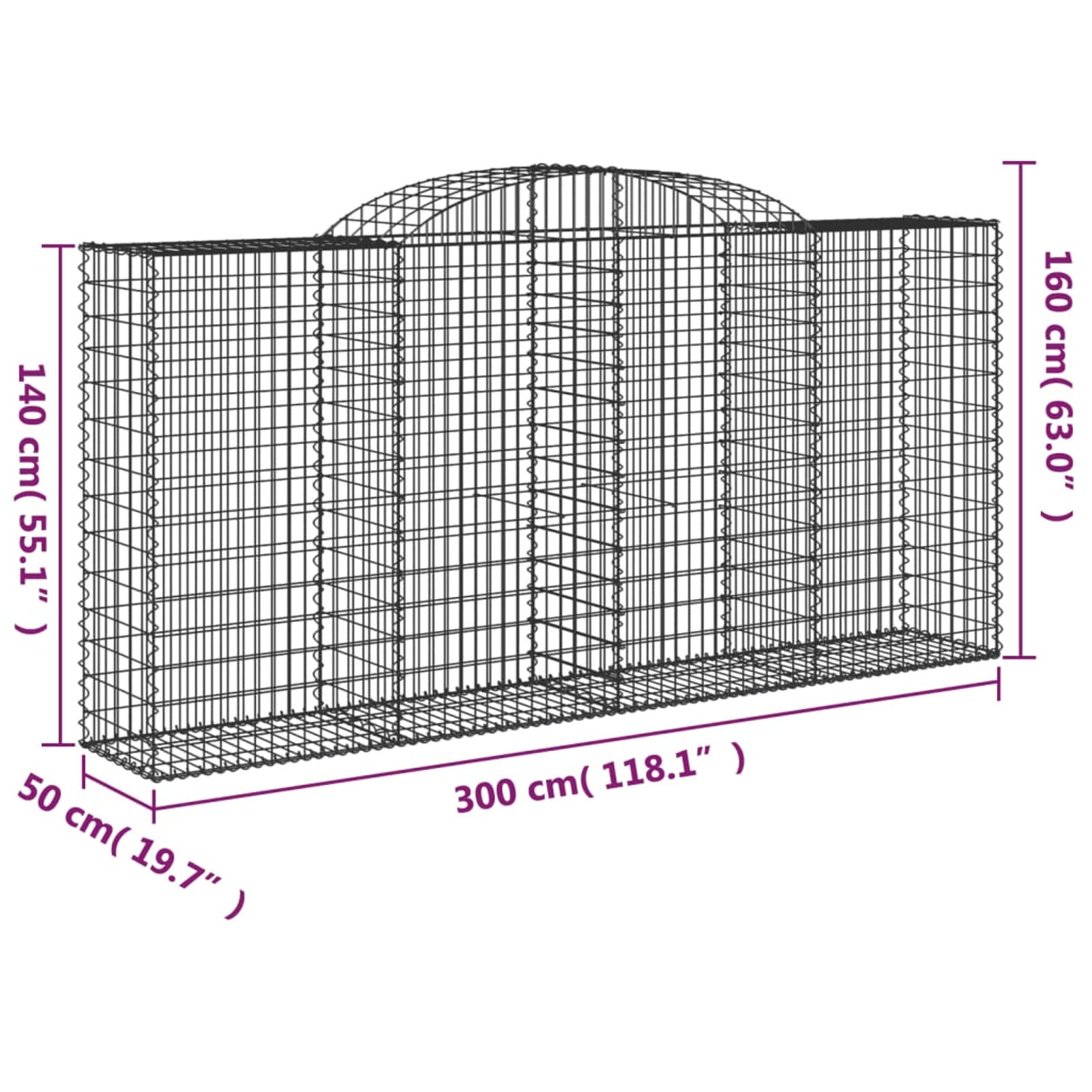 Homgoday Sadzarka zewnętrzna, kosze gabionowe łukowe 7 szt. 300 x 50 x 140/160 cm żelazo ocynkowane pudełko na rośliny na zewnątrz skrzynka na kwiaty gabion kamień kosz ogrodzenia gabion