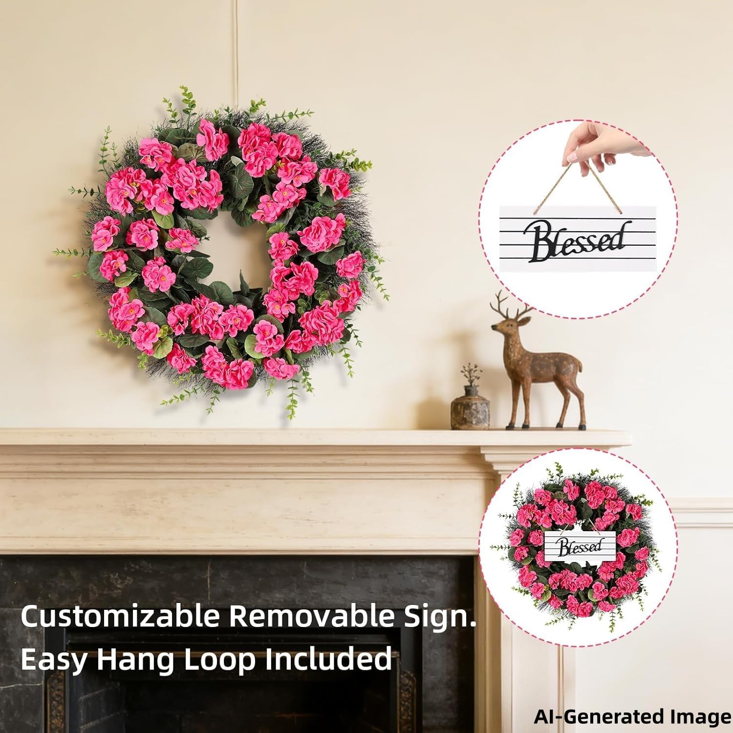 Rose Red Artificial Geranium Wreath, 22 Inch Spring Summer Wreaths for Front Door with Blessed Hanging Sign, for Rustic Farmhouse Entryway Porch Balcony Decor