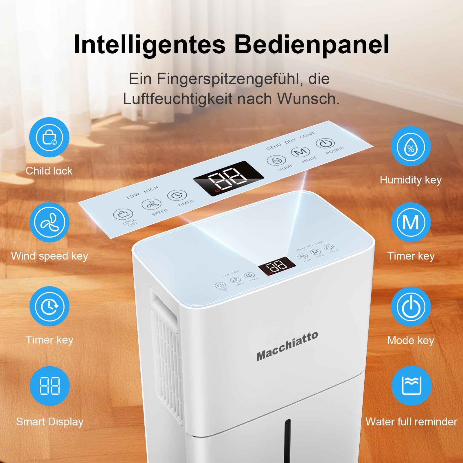 Macchiatto Elektrischer Luftentfeuchter Kompakt für bis zu 80m³(32m²) Räume Automatischer Betrieb,mit Universalrad und 1M Ablaufschlauch Ideal für Wohnung, Keller,Badezimmer