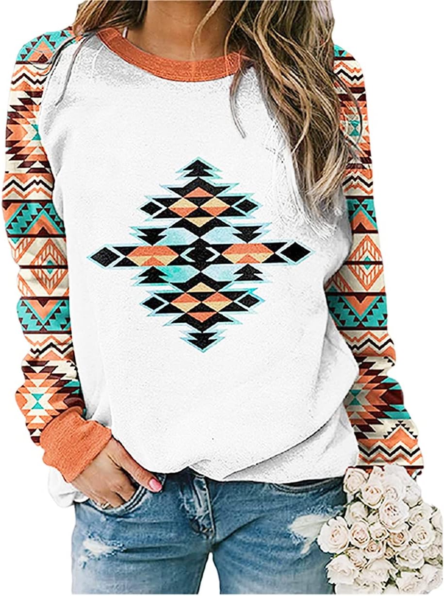 Womens Long Sleeve Shirts Western Aztec Print Fit Tops Fall Casual Fashion Round Neck Blouses