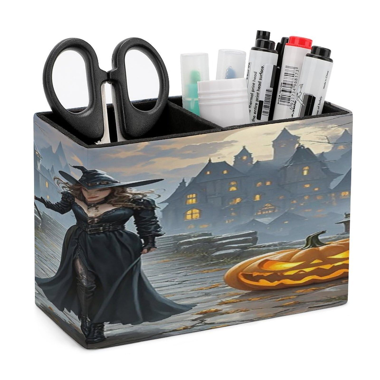 VstaDank Witches Pencil Holder for Desk(Double Slots) Fashion Leather Pencil Cup Simple Rectangular Shape Pen Holder Multi-Functional Pen Cup for Home Office Supplies Storage