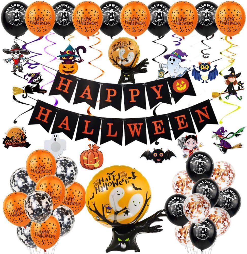 Barstation Halloween Decorations: Ghost Tree Balloon Banner, Spider, Latex Foil Balloons for Happy Halloween Parties