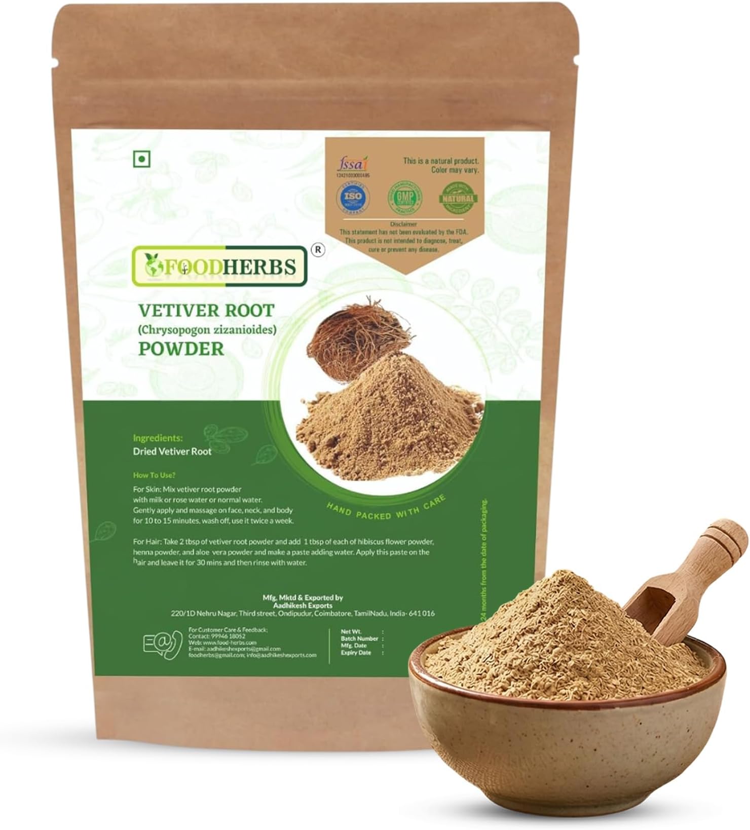 Foodherbs Vetiver Root Powder – Natural Herbal Powder for Skin, Hair & Aromatherapy | Cooling & Soothing | Non-GMO | No Additives – 100g / 3.5oz | Thanks Giving