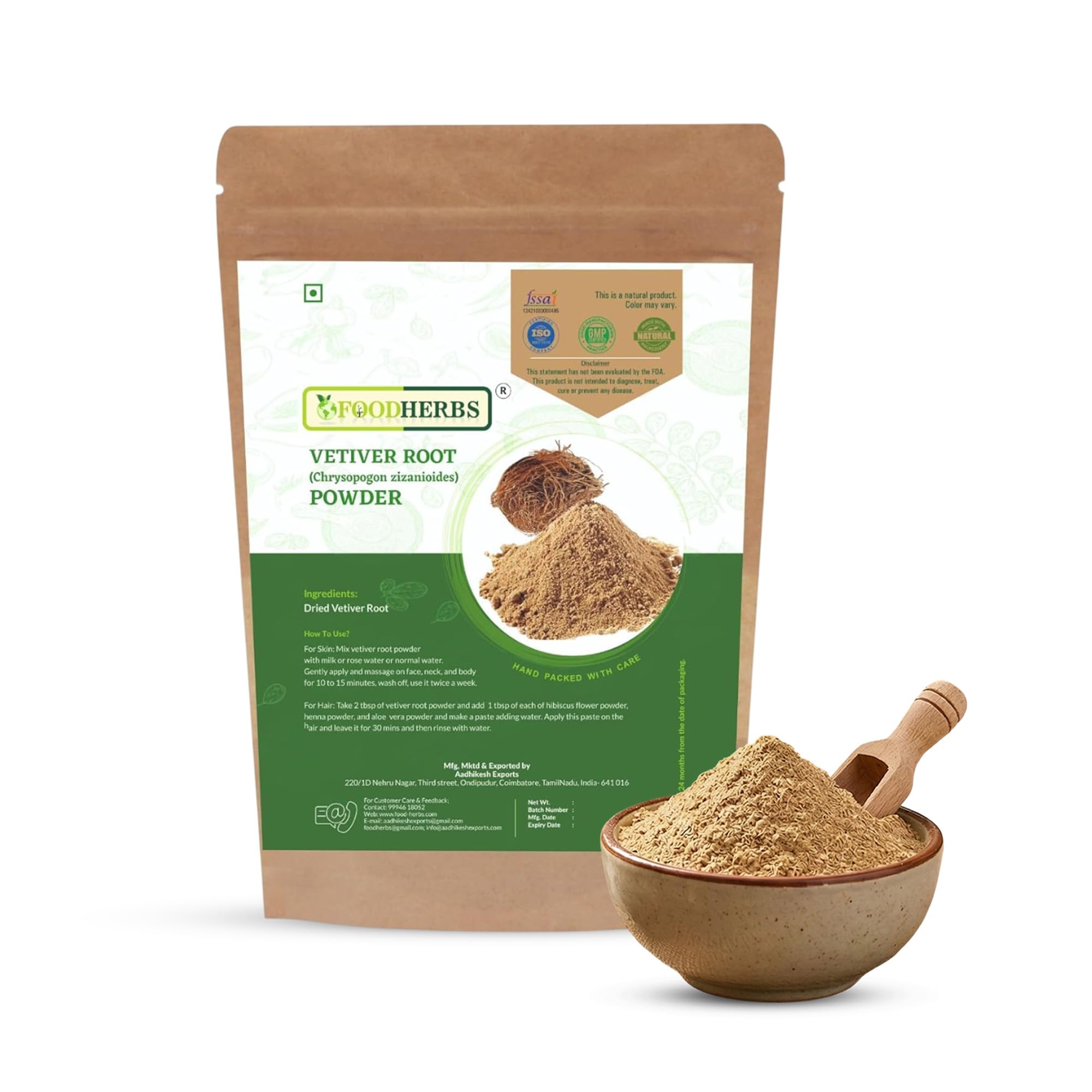 Foodherbs Vetiver Root Powder – Natural Herbal Powder for Skin, Hair & Aromatherapy | Cooling & Soothing | Non-GMO | No Additives – 100g / 3.5oz | Thanks Giving