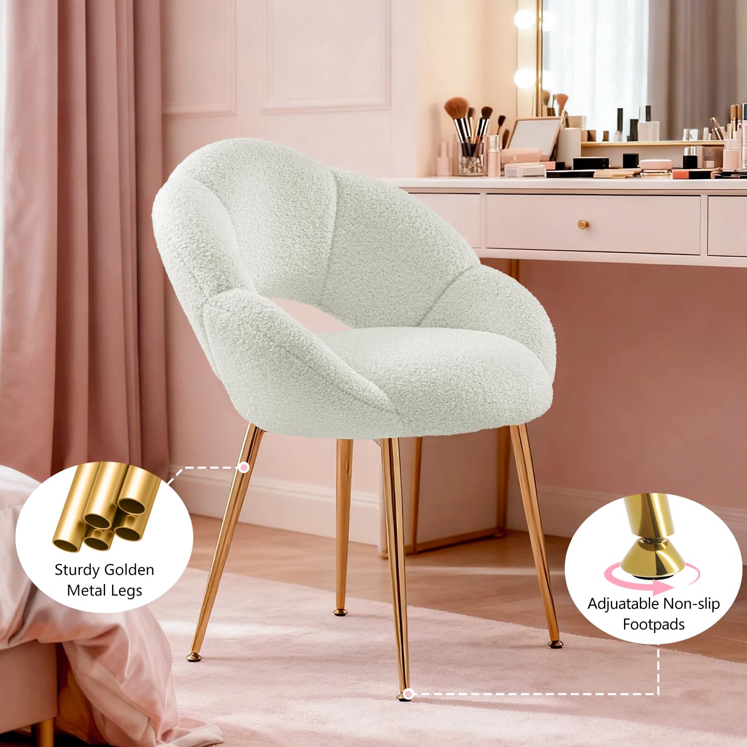 Sedia da Scrivania Imbottita e Comoda - Poltrona da Ufficio con Schienale Floreale - Sedia Moderna per Trucco in Tessuto Teddy - Oro e Bianco