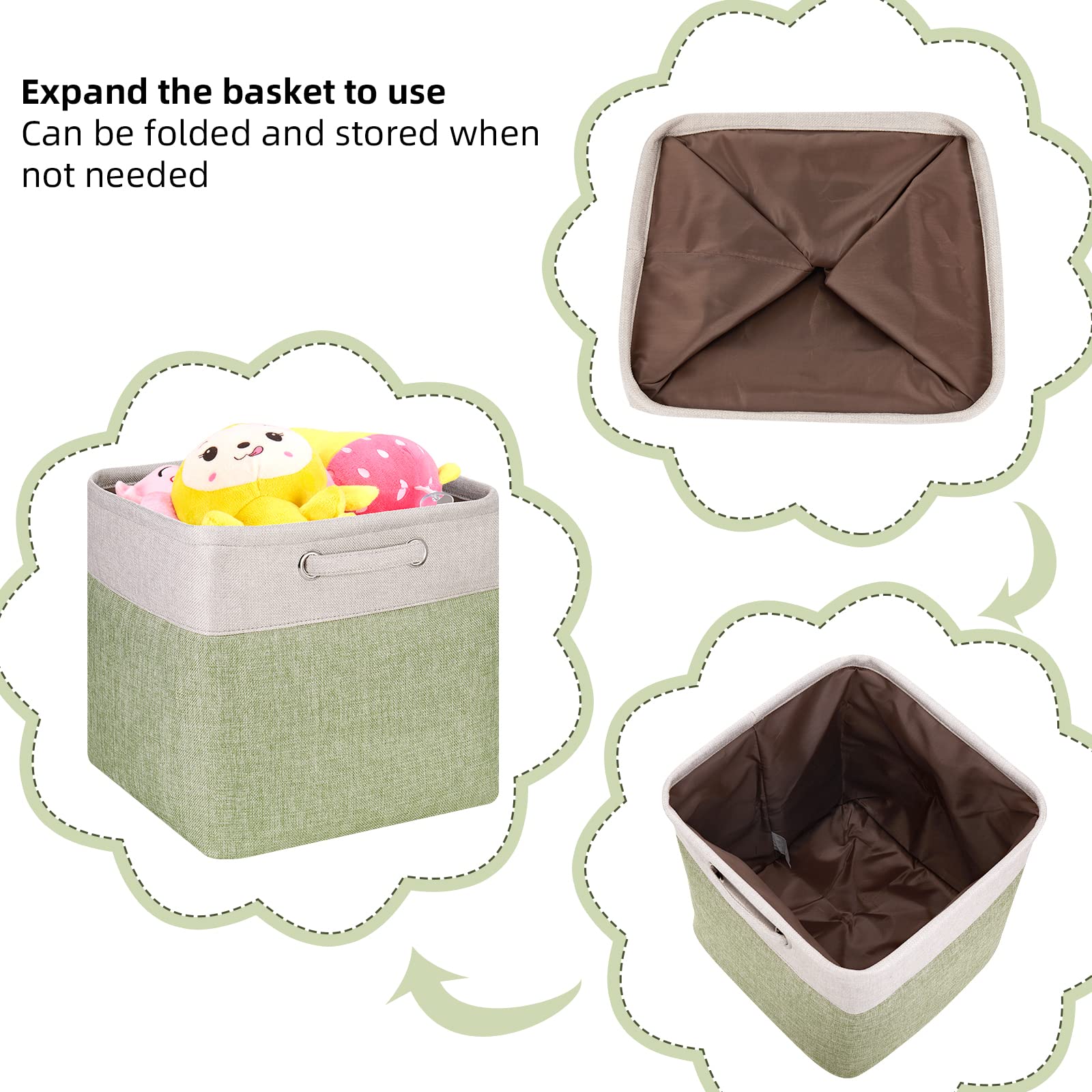 Sy-6 Aufbewahrungsboxen, faltbar, 33 cm, Hellgrün und Silber, Khaki, Patchwork-Aufbewahrungskörbe, Würfelaufbewahrungskörbe, mit Griff, Würfeleinsätze, 3 Stück/Pack, Sy-6