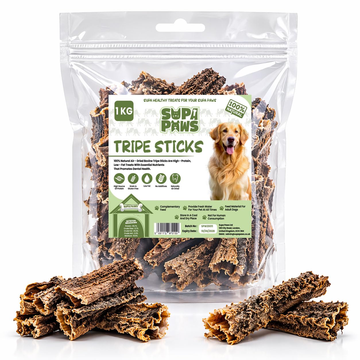 Supa Paws 1Kg Buffalo Beef Tripe for Dog, 100% Natural Air Dried Dog Chews, High Protein & Low Fat Beef Sticks Pet Treats Good for Teeth and Gums Dog Treats Snacks Breeds & Size