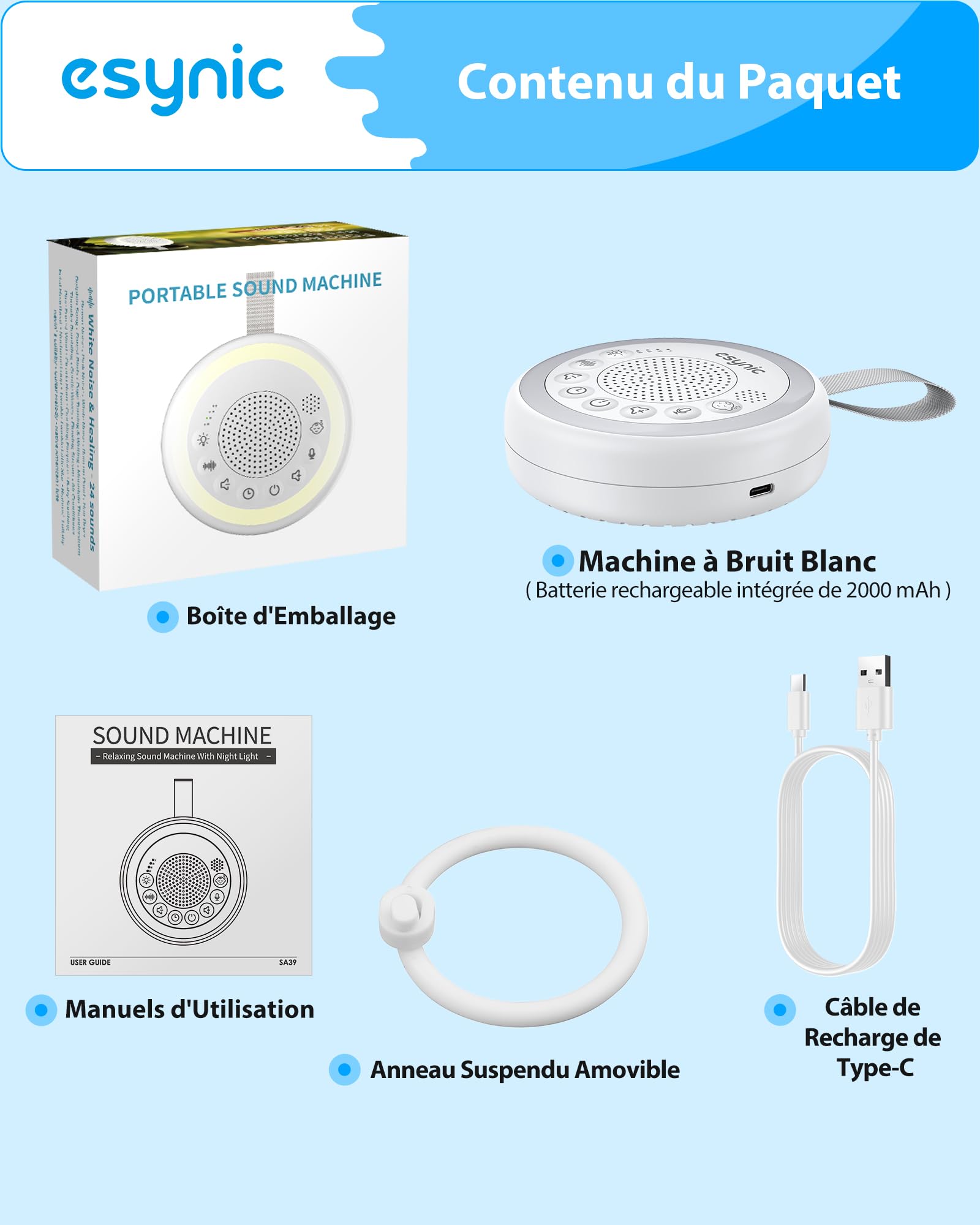 eSynic Machine à Bruit Blanc Portable pour Bébé avec Capteur de Pleurs Interrupteur Indépendant 24 Sons Apaisants Luminosité Volume Réglable Veilleuse Bruit Blanc Bébé Enregistrement Vocal Minuteries