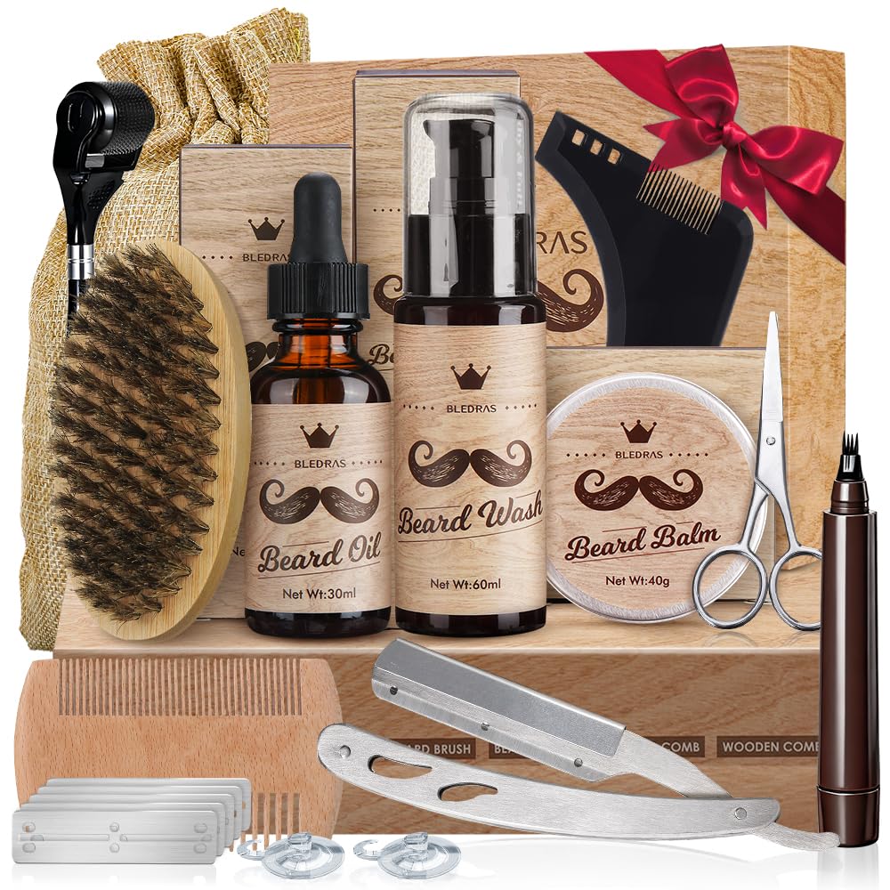 Bledras Kit Cuidado Barba Hombre 13 en 1, Cuidado Barba Hombre con Aceite Para Barba, Champú Para Barba, Crema Para Barba, Lápiz Para Barba, Tijeras, Cepillo Para Barba, Peine Para Barba