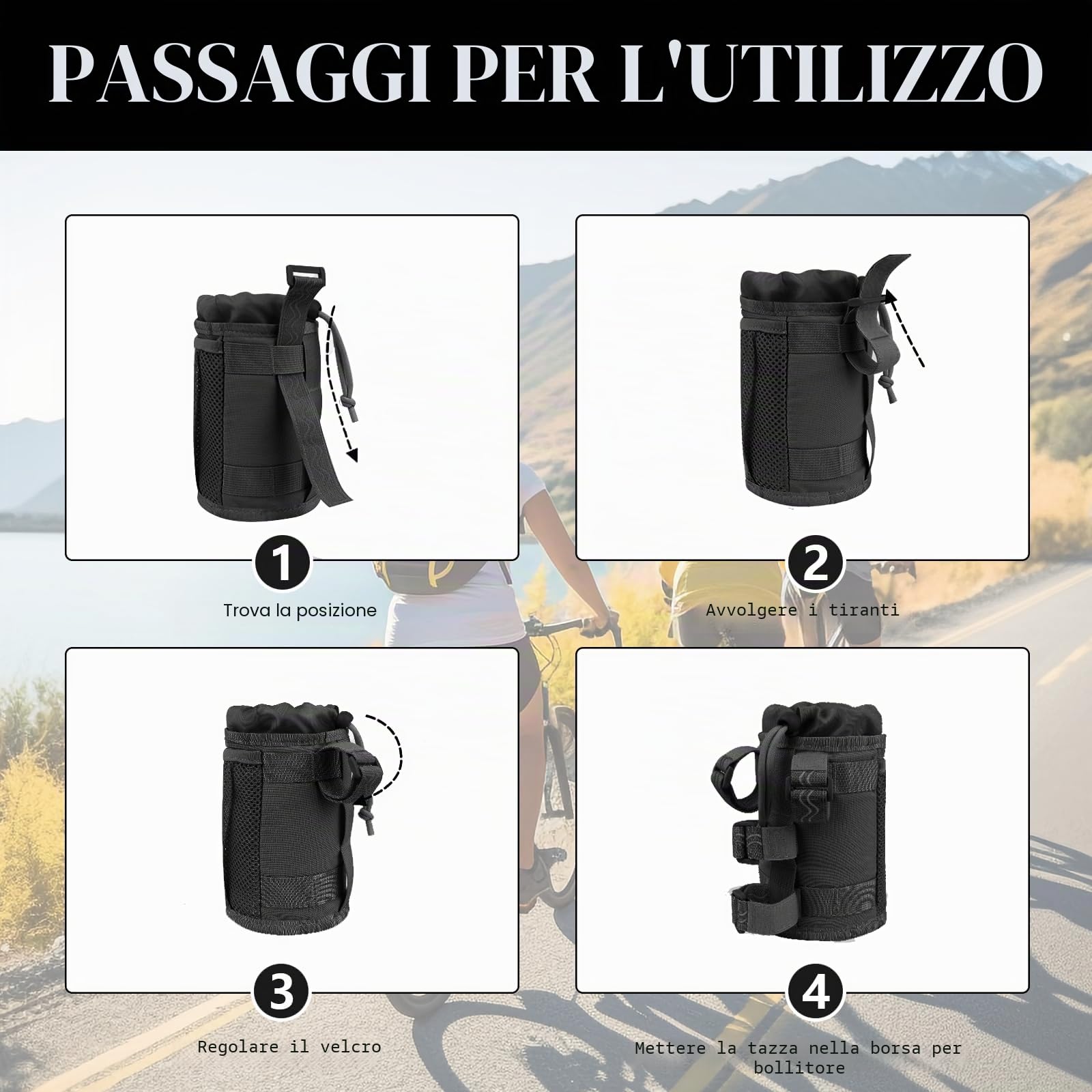 Portaborraccia bici, portabottiglie per bicicletta con tasca in rete chiusura a coulisse, porta borraccia tracolla senza viti,adatto per mountain bike, bici da città, moto, carrozzine