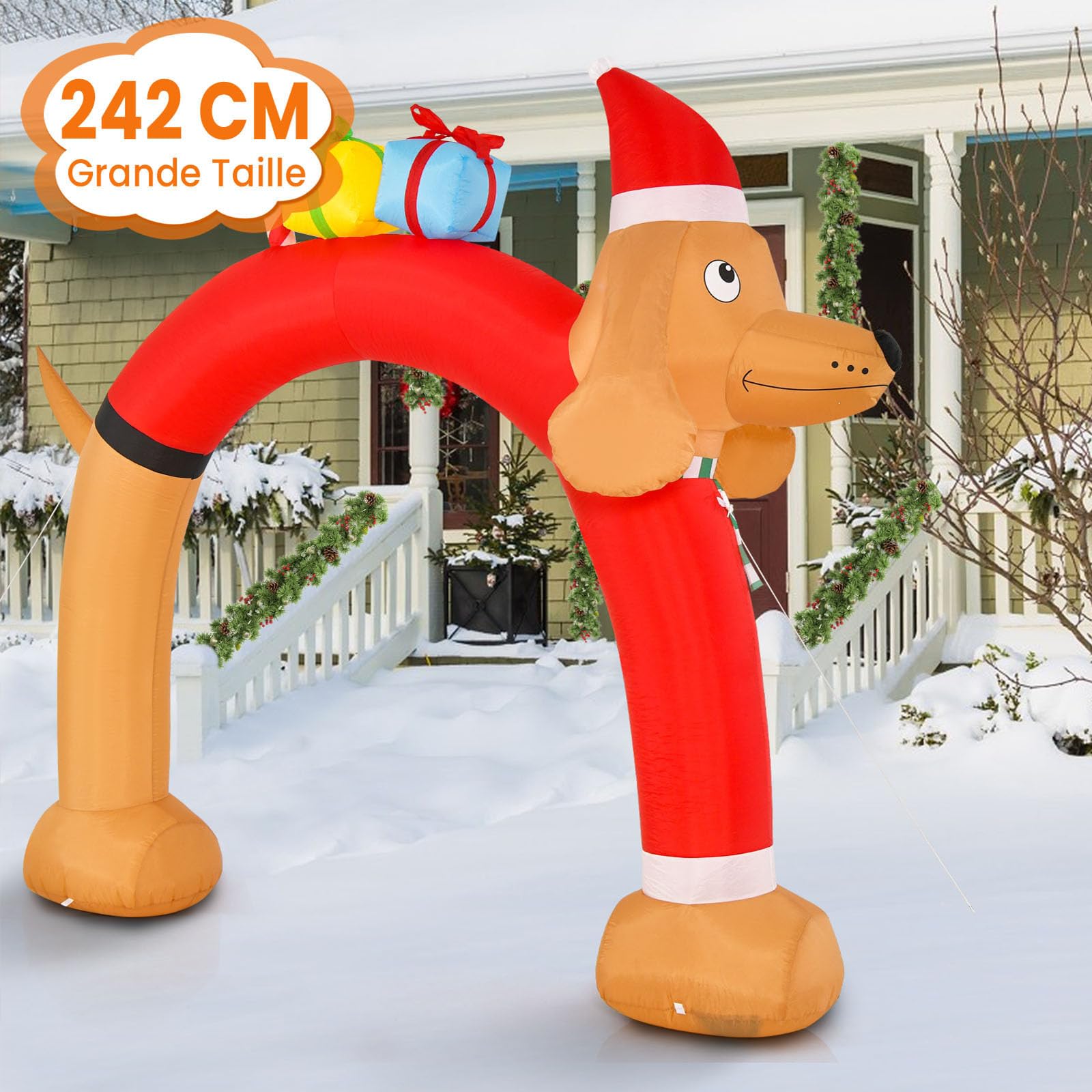 GYMAX Arche Gonflable de Noël Lumineux 242cm, Décoration de Noël Gonflable pour Extérieur Intérieur, Lumineux LED et Souffleur Intégrés, Cordes et Piquets, Décoration Festive