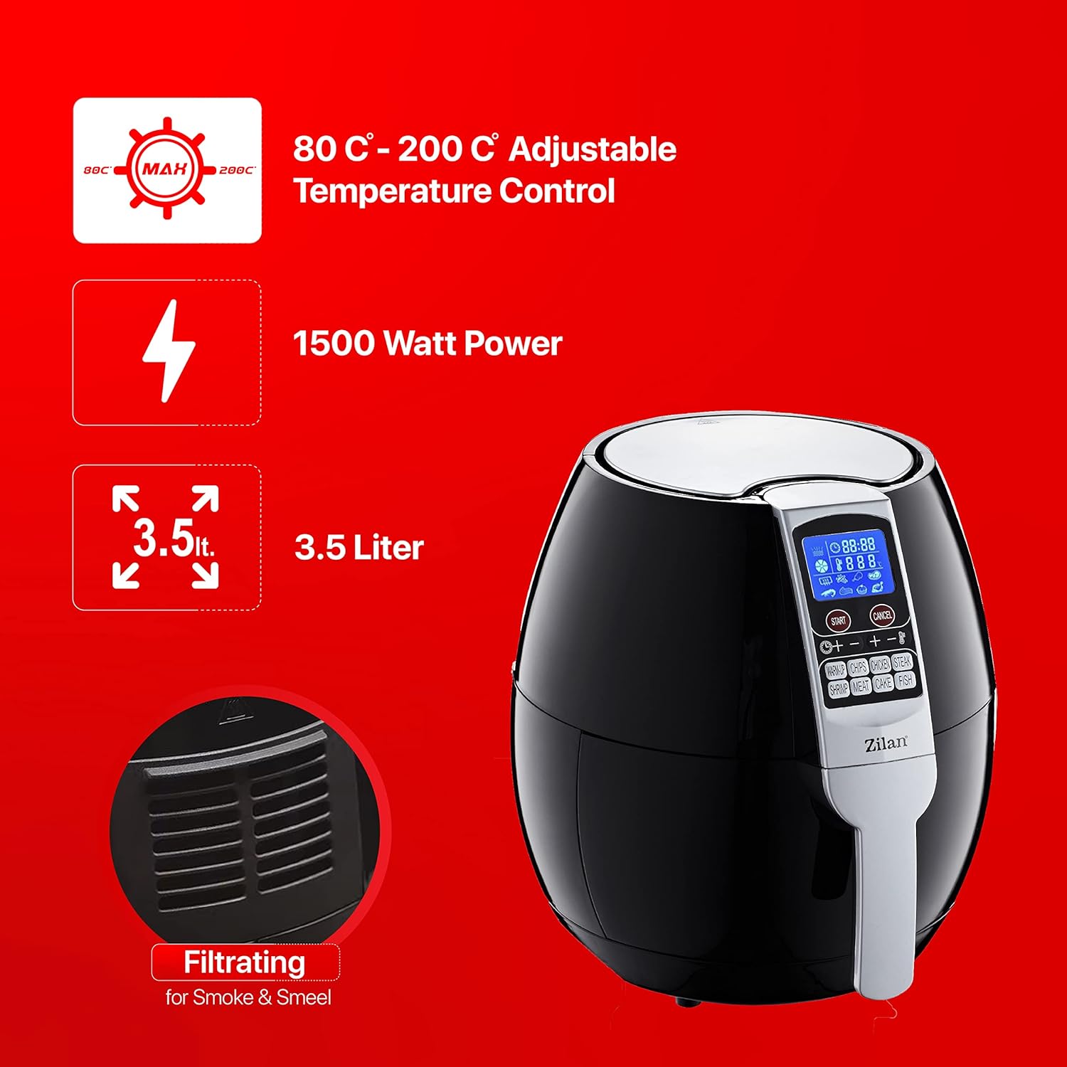 Zilan Friggitrice elettrica senza olio, capacità 3,5 l, friggitrice ad aria smart, salutare, friggitrice ad aria calda, senza BPA, schermo touch LED, scola-patatine, per la famiglia, timer predefiniti Zilan Friggitrice elettrica senza olio, capacità 3,5 l, friggitrice ad aria smart, salutare, friggitrice ad aria calda, senza BPA, schermo touch LED, scola-patatine, per la famiglia, timer predefiniti