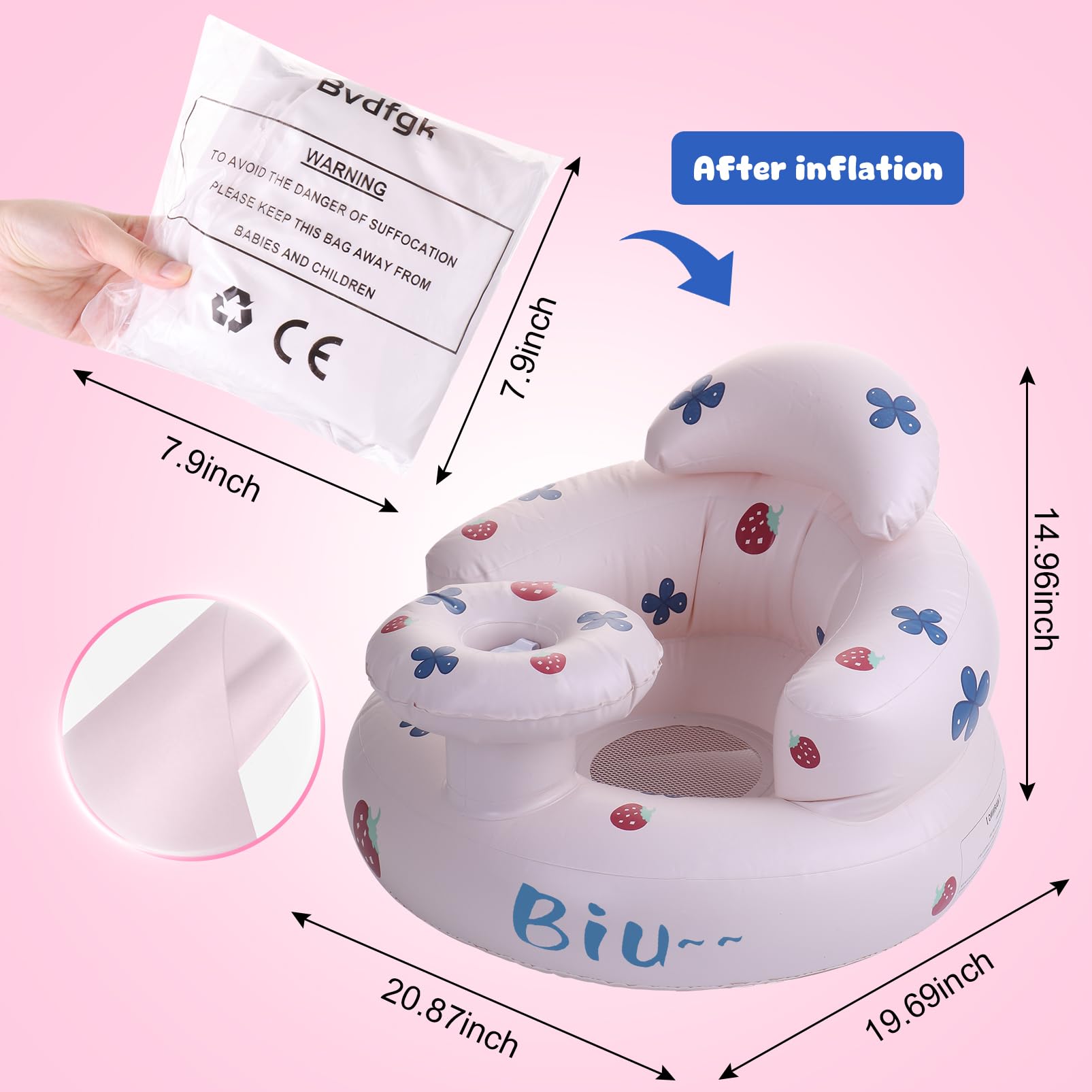 Bvdfgk Inflatable Baby Seat - Built in Air Pump Toddler Seat for 3-36 Months Infant Chair, Babies Floor Chair for Sitting up and Back Support (Strawberry)