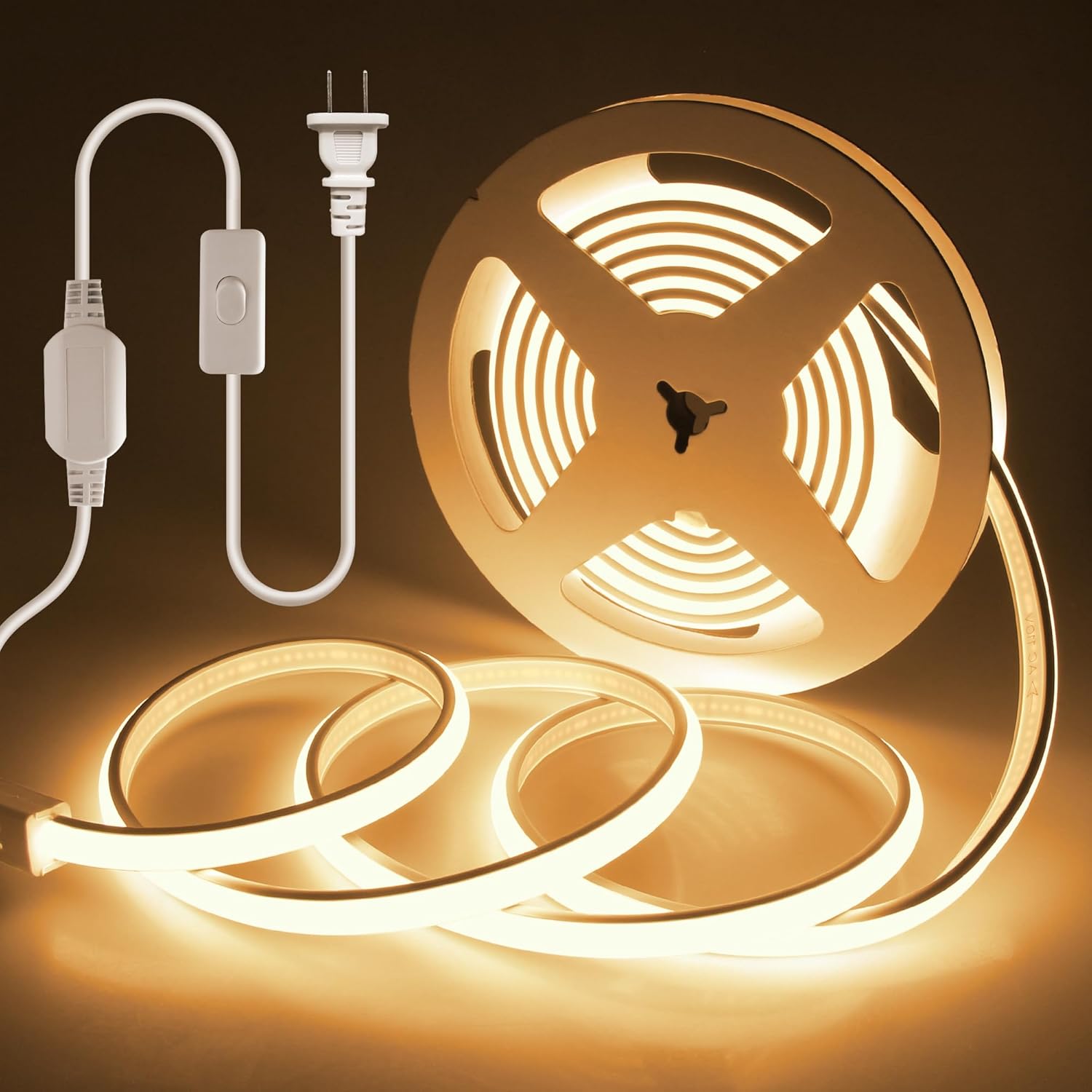 AC 110V LED COB Light Strip 65.6FT Warm White CRI 85+ Outdoor Waterproof Plug in with Switch Flexible Cuttable COB LED Rope Lights 3000K High Density 288Leds/M for Kitchen Cabinet Garden Home Decor