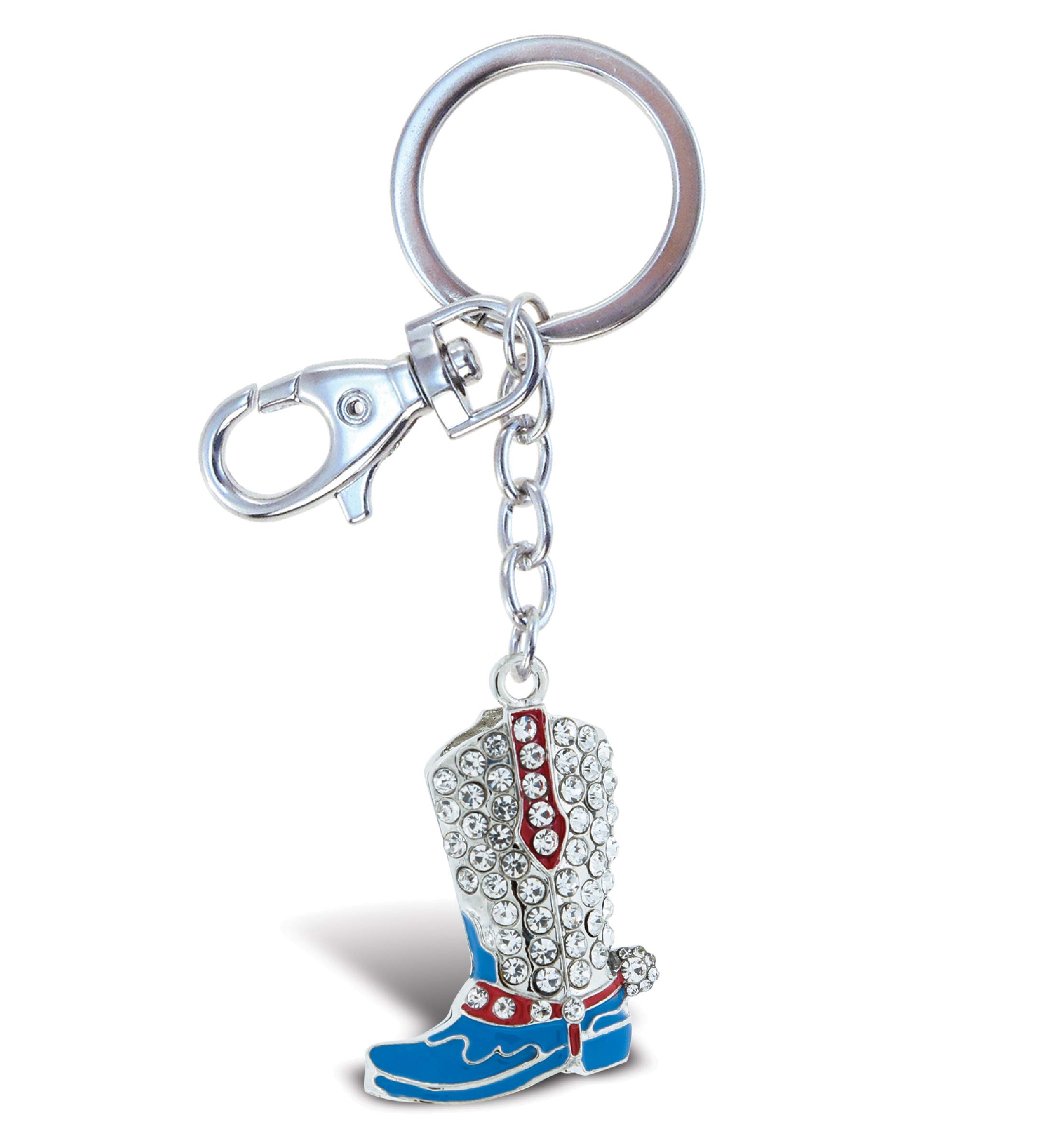 Aqua79Cowboy Boot Keychain - Silver 3D Sparkling Charm Rhinestones Fashionable Stylish Metal Alloy Durable Keyring Bling Crystal Jewelry Accessory With Clasp For Keychain, Purse, Backpack, & Handbag