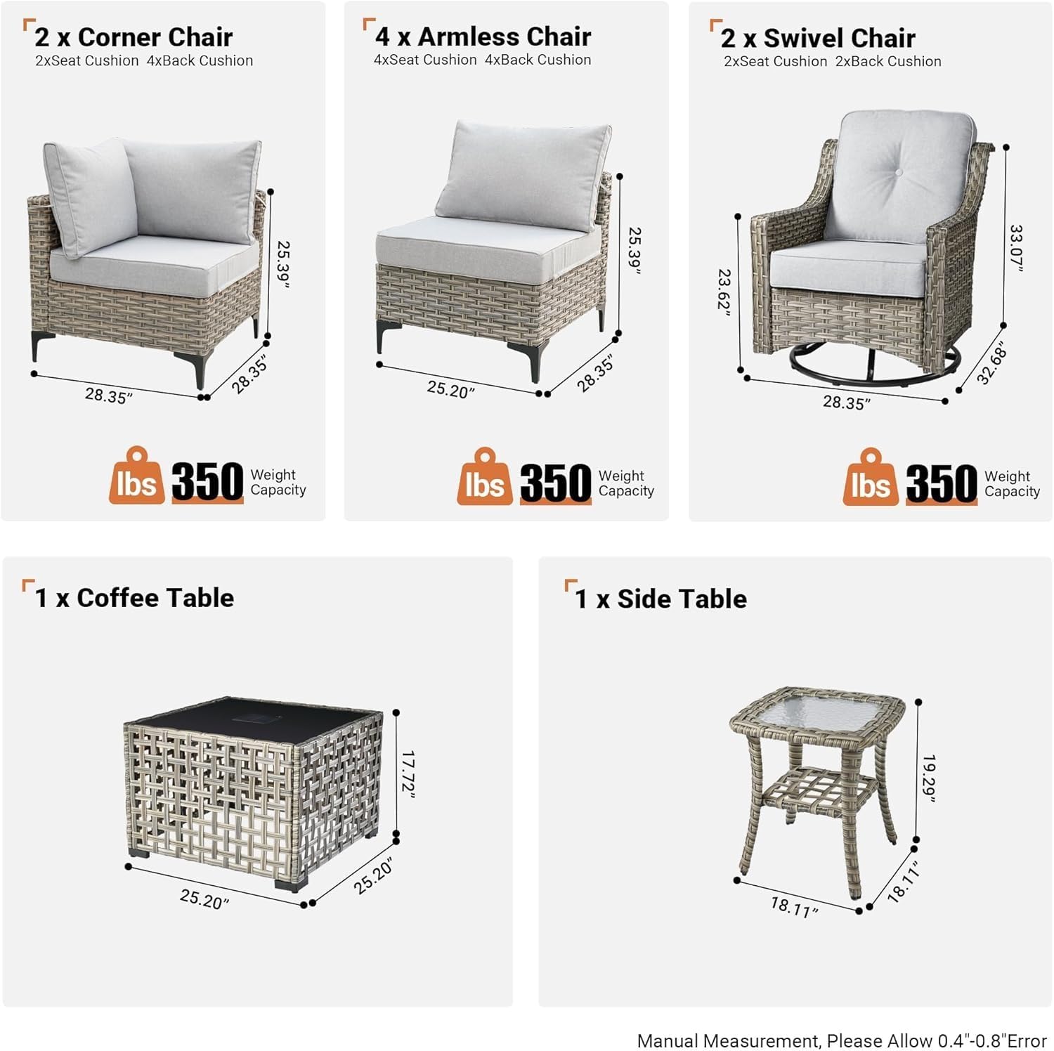 Outdoor 10 Piece Patio Conversation Set with Rattan Wicker Swivel Chair, Sectional Single Seats and LED Glowing Coffee Table for Balcony Porch Backyard Garden Pool Lounge Area