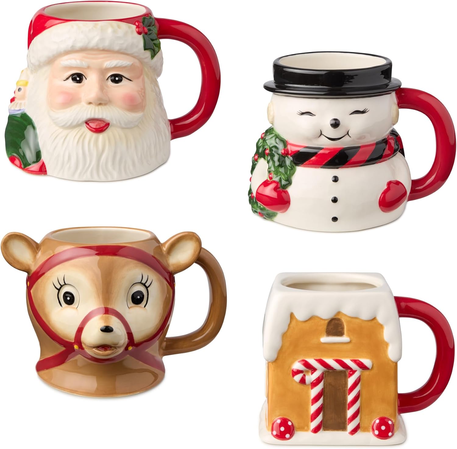 Santa’s Retro Christmas 3D Mugs – Set of 4 Holiday Mugs with Santa, Reindeer & Snowman Sculpted Art, Vintage-Inspired Cocoa & Coffee Mugs for Winter Sipping & Holiday Gifts