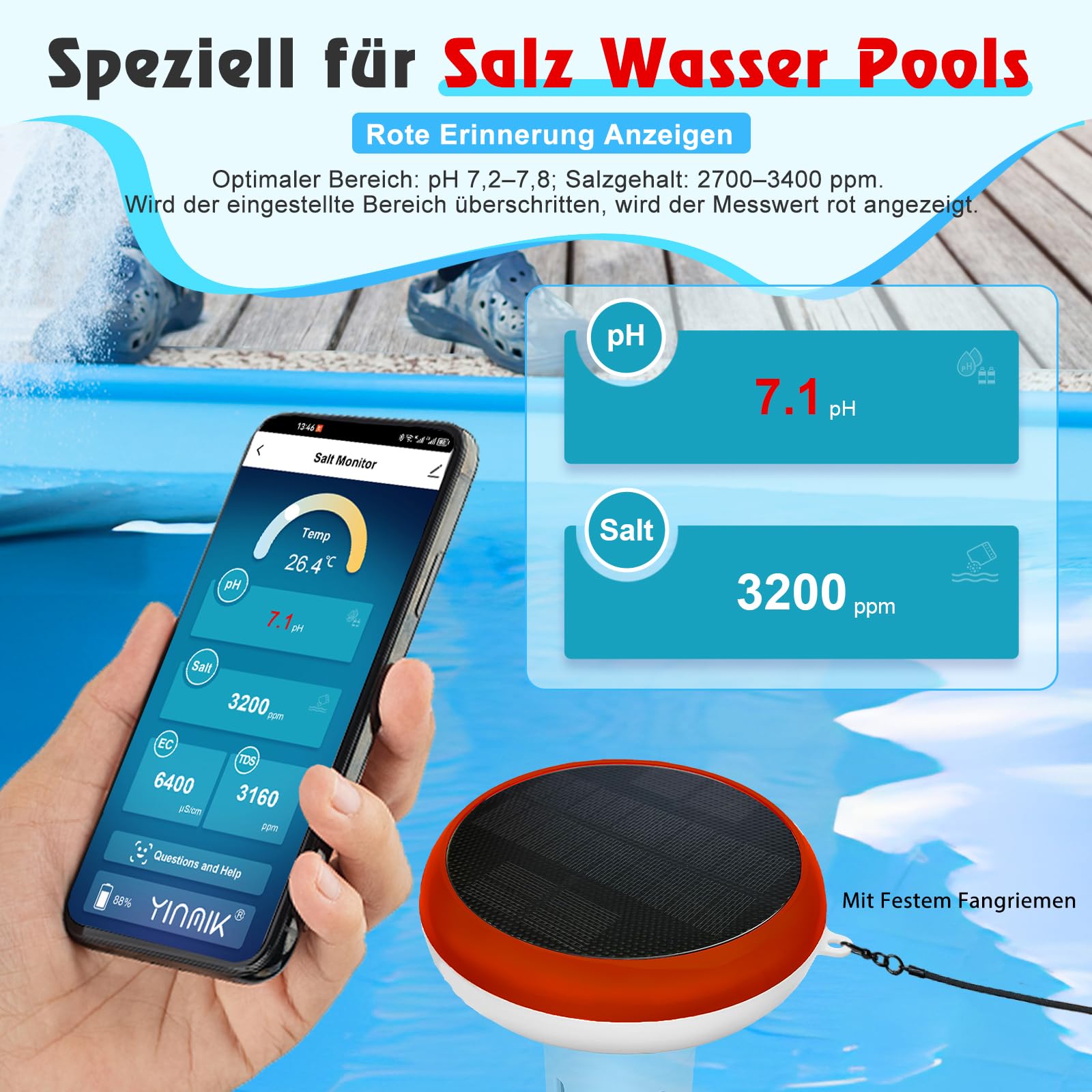 Pool pH Salz Monitor, WLAN pH Messgerät und Salzgehalttester, Intelligenter pH Salz TDS EC Temp Monitor für Schwimmbäder 5 in 1, Schwimmender Solarbetriebener Salzmonitor für Salzwasser Whirlpool Spa