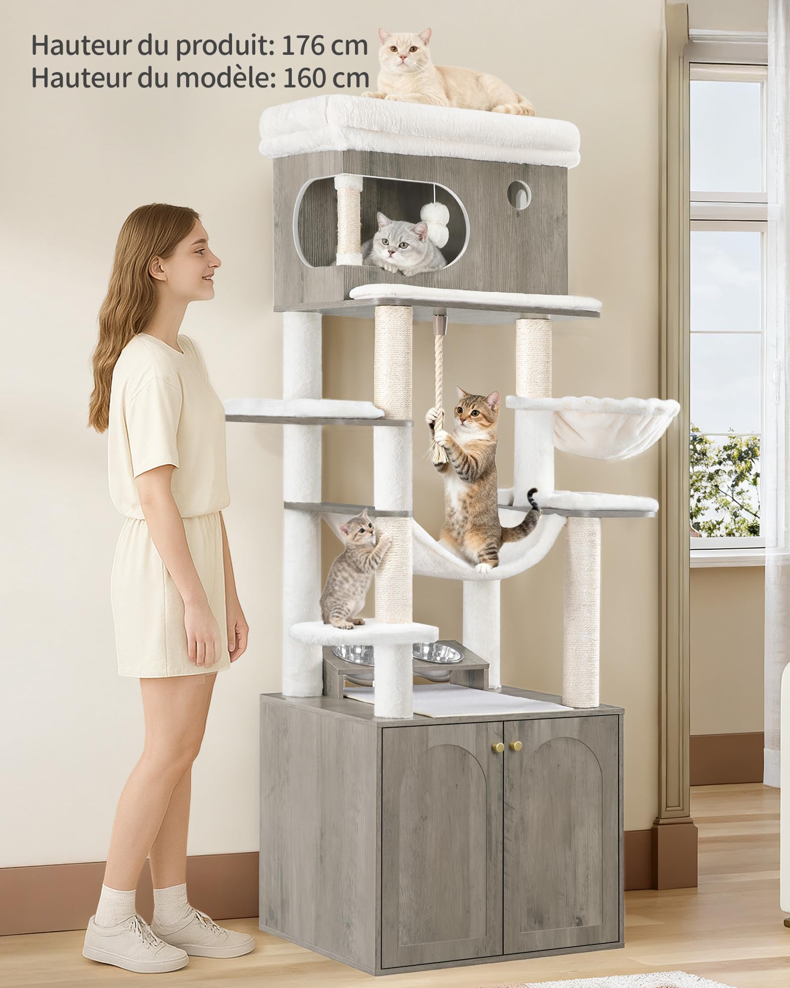 Hzuaneri Arbre à Chat avec Meuble Litiere Chat, Hauteur 176 cm, Grège | Mangeoire, avec Grande Plateforme, Corde en Sisal, Hamac, Coussin Lavable, Balles en Peluche, CB89105WT