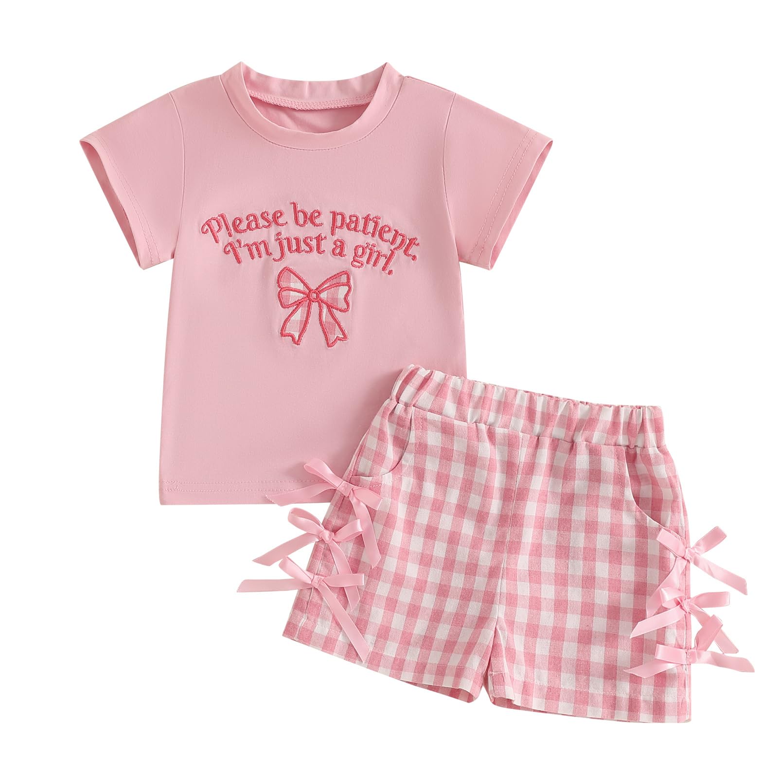 niceclould Toddler Girl Summer Outfit Bow Letter Embroidered Short Sleeve Tops Plaid Shorts Set 2Pcs Clothes for Casual Daily (A-Pink, 18-24 Months)