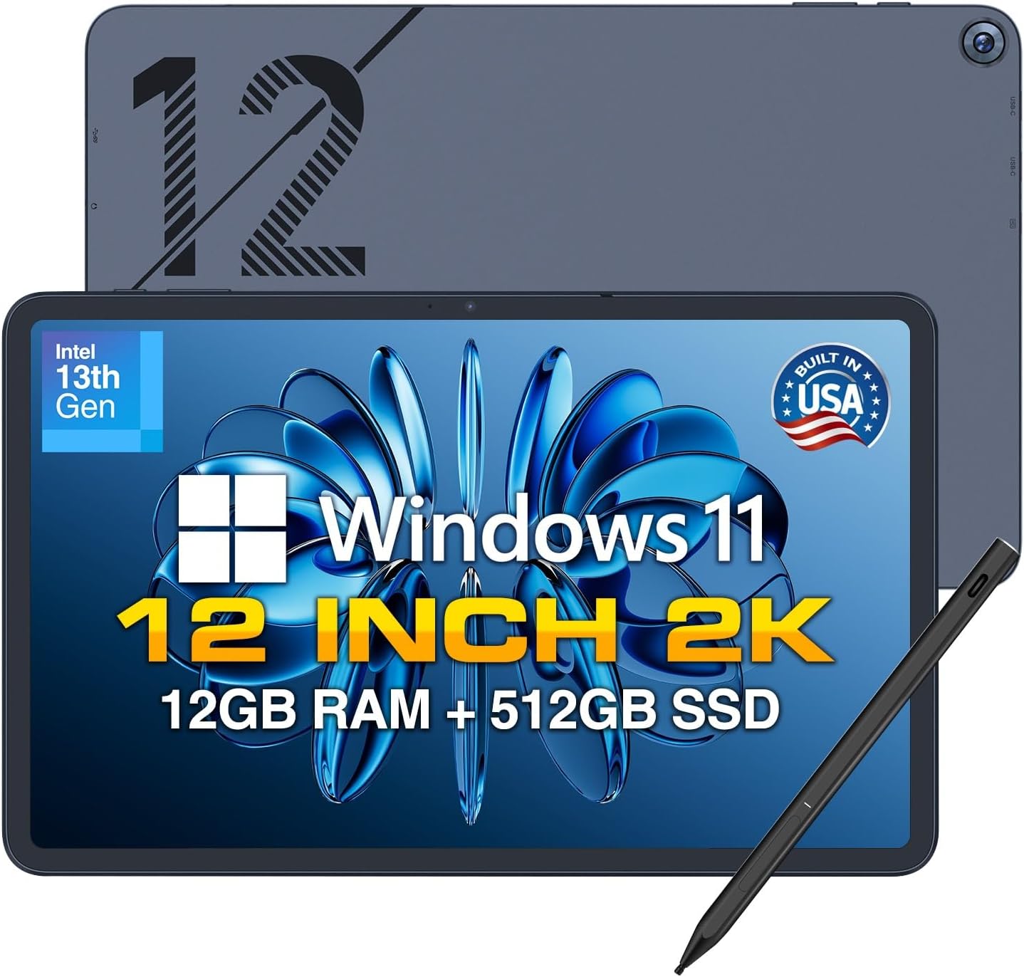 Fusion5 2026 Version 12" 2K Display Windows 11 Tablet PC with Stylus Pen - Built in USA - 12GB DDR5 RAM 512GB SSD, 13th Gen CPU, 12 inch Windows Tablet Computer, Built-in Fan, Fast Charging, Metallic