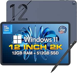 Fusion5 2026 Version 12" 2K Display Windows 11 Tablet PC with Stylus Pen, Built in USA, 12GB DDR5 RAM, 512GB SSD, 13th Gen CPU, Built-in Fan, Fast Charging