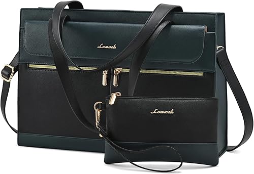 Miniatura 9 de LOVEVOOK Bolsa para laptop de 15.6 pulgadas para mujer, bolsa de trabajo profesional de cuero para computadora, maletín impermeable, 1# NegroGris