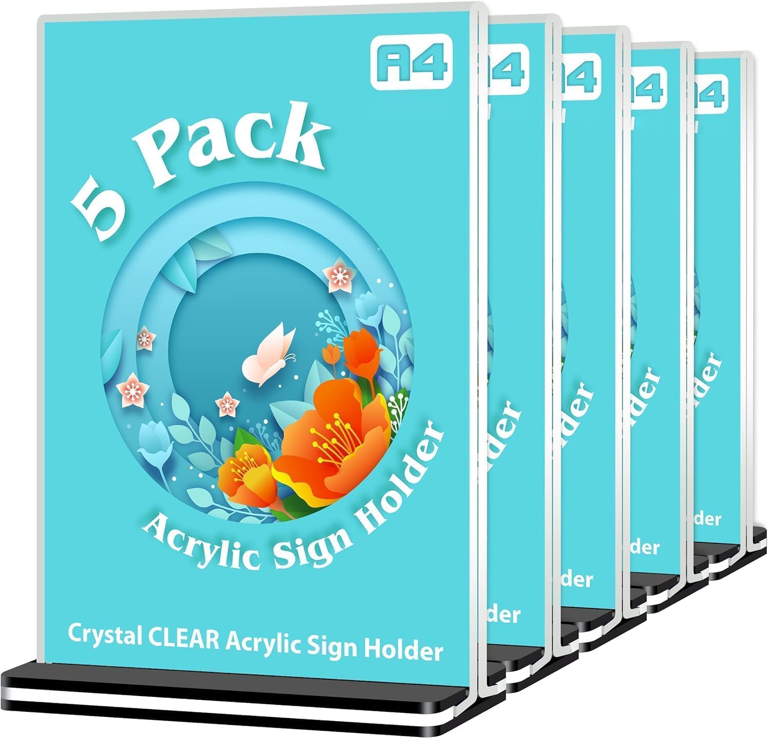 Acrylic Sign Holder,Vertical Double-Sided Table Display Holders,Clear Paper Picture Frames with Black Base, Plastic Flyer Holder Menu Stands for Offices Restaurants Stores Party Wedding (A4-5 Pack)