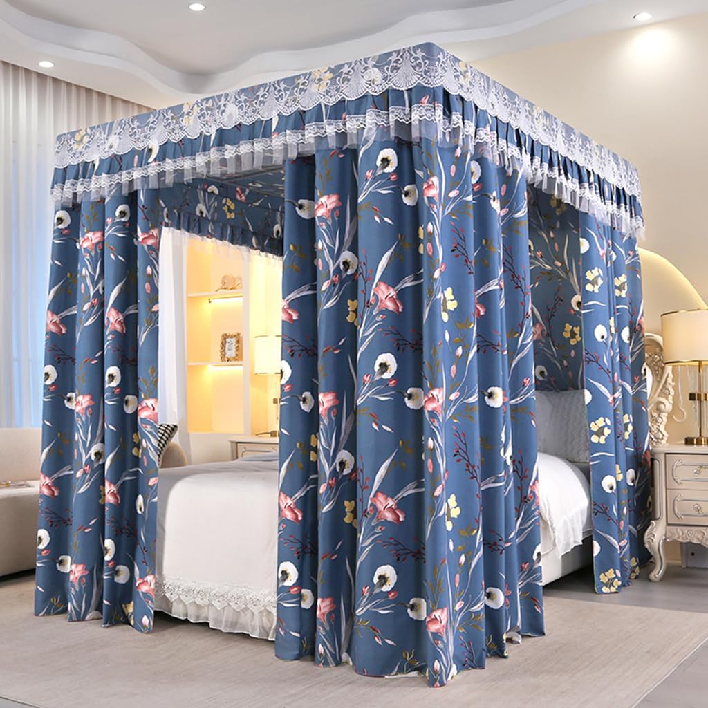 Floral Cute Canopy Bed Curtains - Elegant Soft Drapes, Bed Canopy Drapes for Girls' and Adults' Bedroom Decor, Privacy Protection, Enhances Style (Navy-Floral, 64" W x 86" L (Pack of 1))