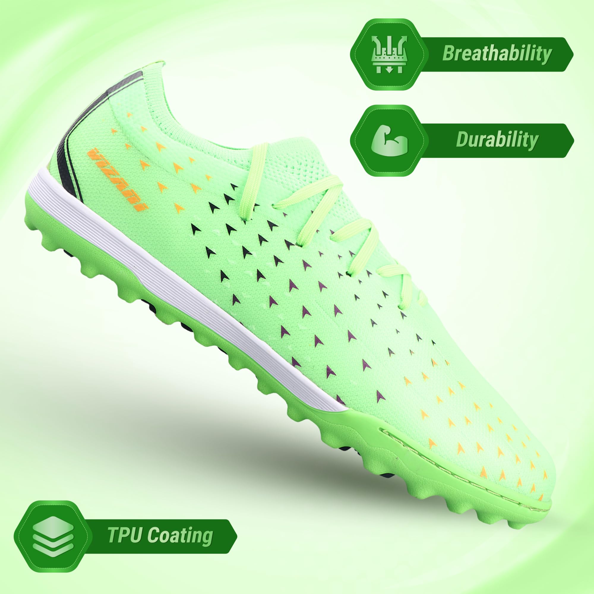 Vizari Tioga Turf Soccer Shoes for Boys and Girls| Turf Shoes with Durable Polyurethane Sole | Youth Football Turf Shoes with Molded Rubber Oursole | Optimal Traction on All Surfaces, (Lime, 7.5)