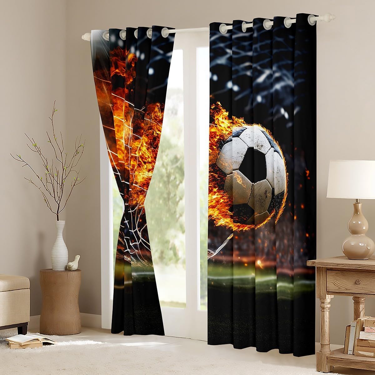 Feelyou Boys Football Curtain Sports Theme Curtains for Kids Teens Burning Soccer Ball Pattern Decor Window Curtain Panels Competitive Games Window Drapes Bedroom Window Treatments 42" X 63"