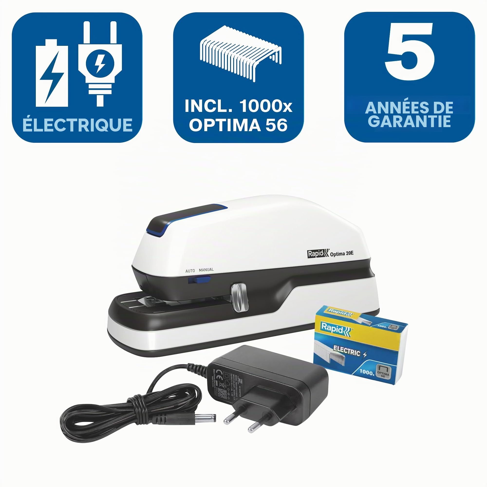 RAPID Optima 20E - Agrafeuse de Bureau Automatique, Agrafeuse Électrique Sans Contact avec 1000 Agrafes Incluses, Capacité 20 Feuilles (2102351)