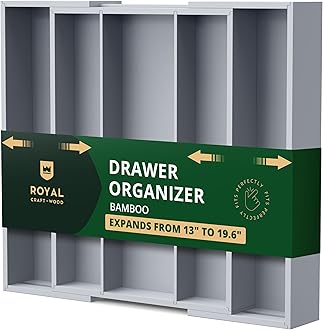 ROYAL CRAFT WOOD Luxury Bamboo Kitchen Drawer Organizer - Silverware Organizer - Utensil Holder and Cutlery Tray with Grooved Drawer Dividers for Flatware and Kitchen Utensils (5 Slot, Gray)