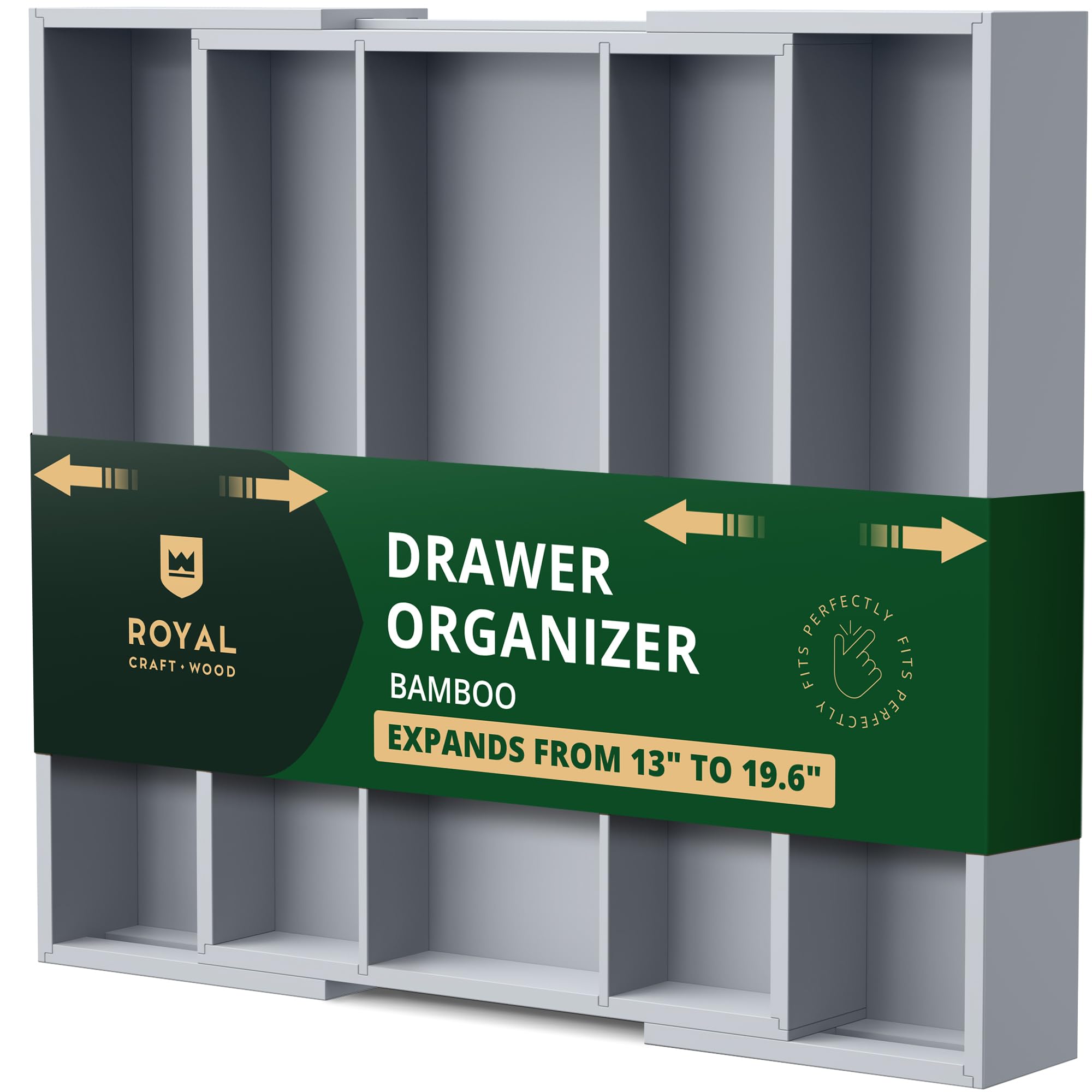 ROYAL CRAFT WOOD Luxury Bamboo Kitchen Drawer Organizer - Silverware Organizer - Utensil Holder and Cutlery Tray with Grooved Drawer Dividers for Flatware and Kitchen Utensils (5 Slot, Gray)
