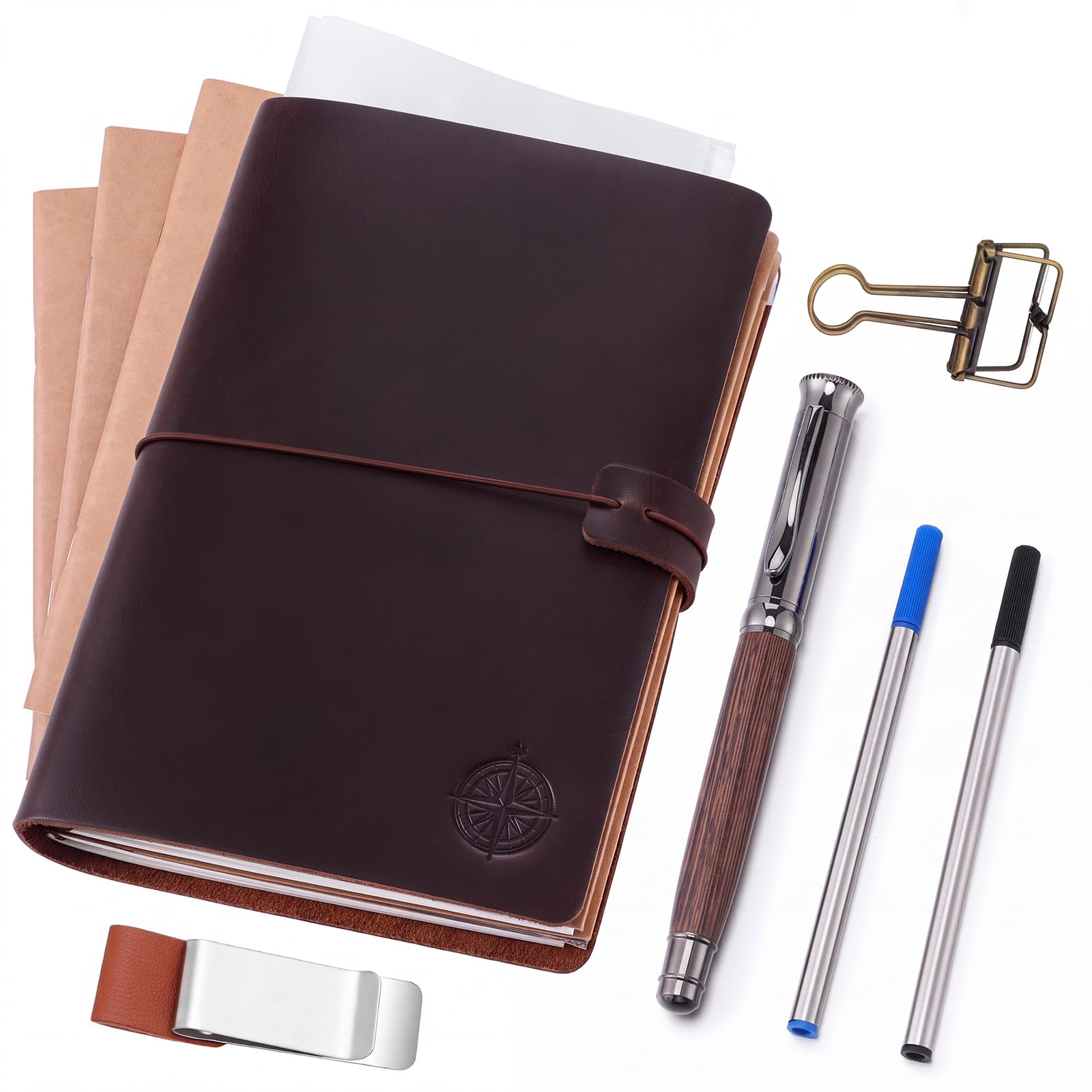 Thenshop Diario de viaje de cuero recargable, hecho a mano, para hombres y mujeres, con 3 insertos para cuaderno, soporte para bolígrafos, clip para carpeta