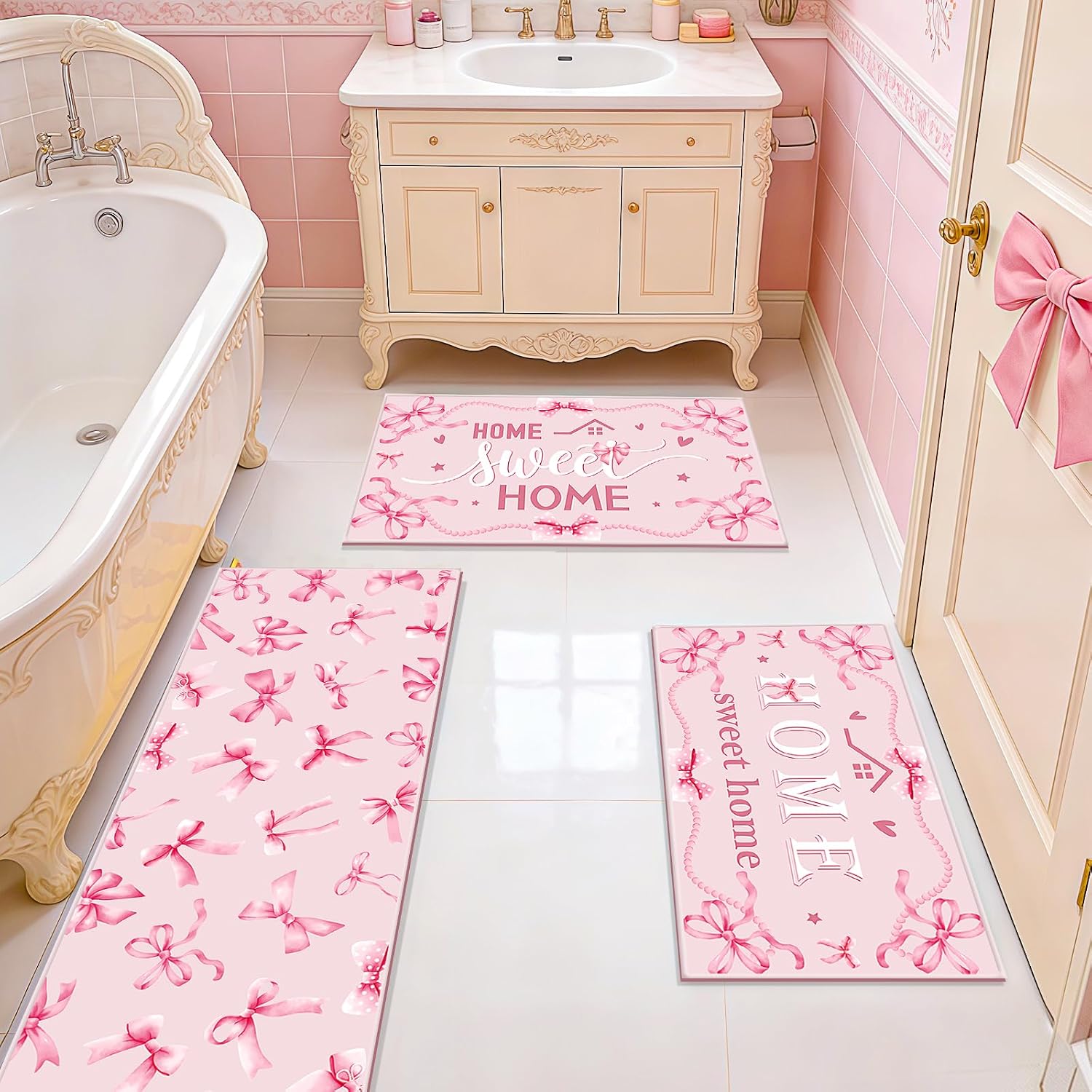 Pink Bow Kitchen Rug Set of 3 Mats for Kitchen Floor Room Decor Sweet Home Washable Non-Slip Cute Cushioned Bowknot Carpet