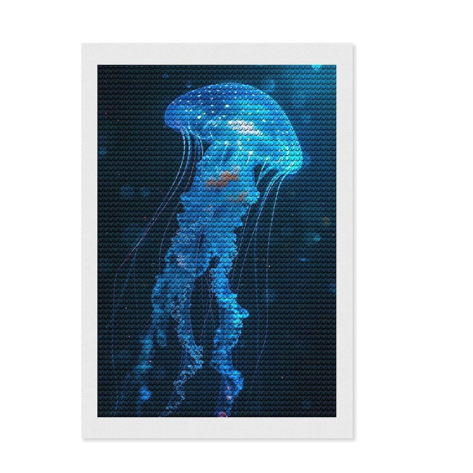 Junmoney Glowing Blue Jellyfish in Dark Water DIY Diamond Art Canvas Kit 8"x12", Satisfying Creative Project, Mindful Craft Activity, Cosy Home Accent, Gift Idea
