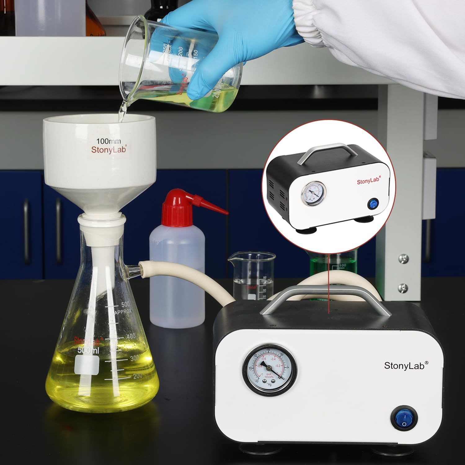 stonylab Pompe à vide à membrane, pompe à vide compacte sans huile avec débit de pompage de 30 L/min pour les travaux de laboratoire de distillation et de filtration, 110-220 V