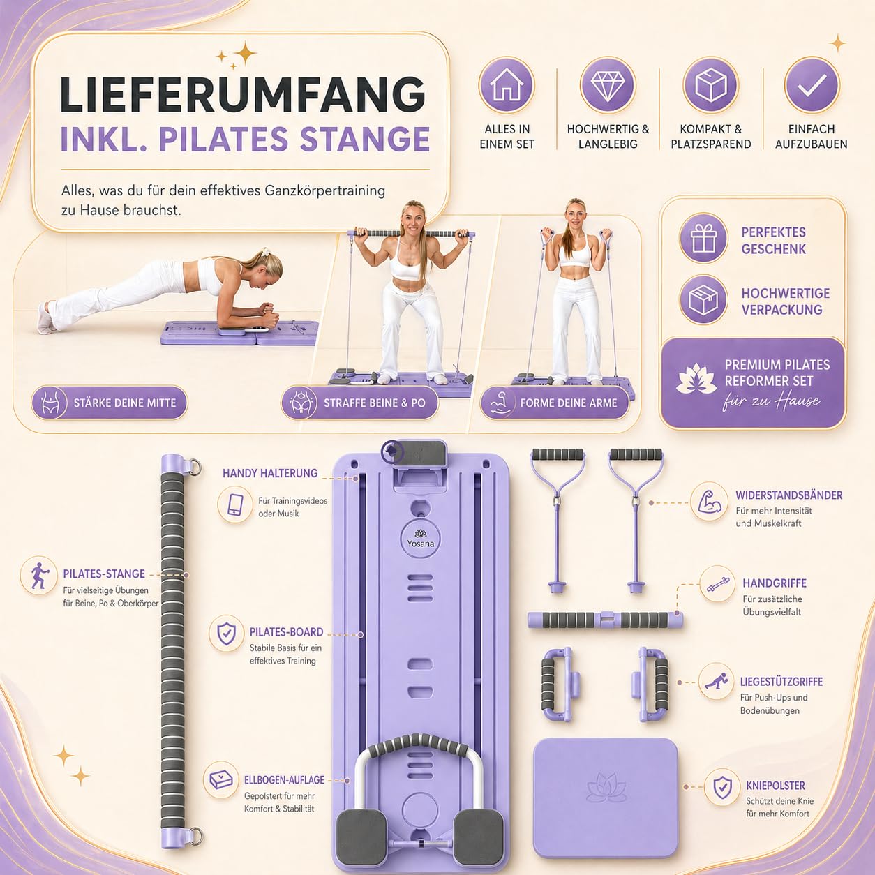 Yosana Pilates Board I Reformer für Zuhause I 8-in-1 Fitness Board faltbar & tragbar I Bauchtrainer inkl. Knie Kissen, Widerstandsbändern & Pilates Bar I verbessertes Design