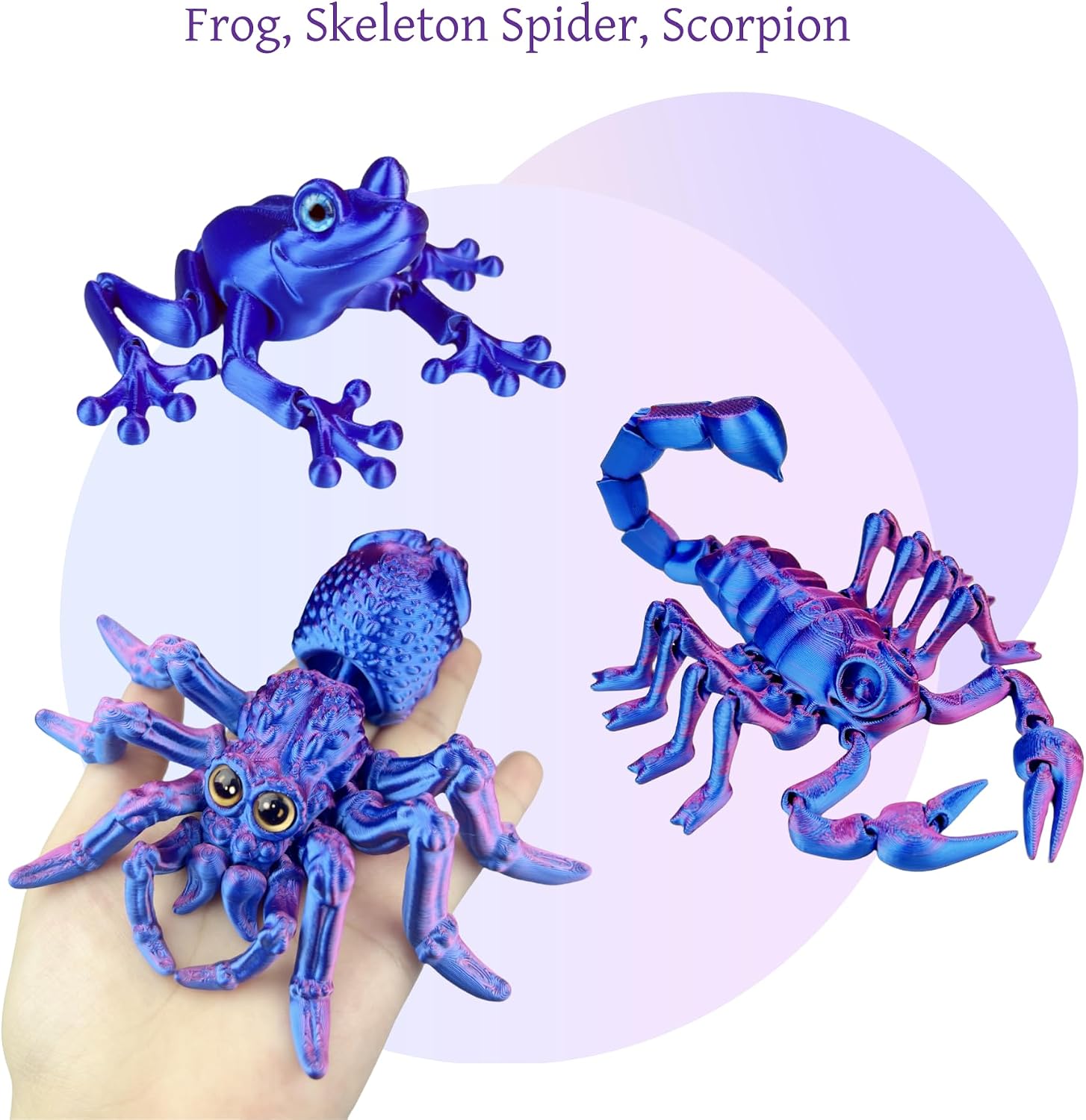 6Pcs 3D Printed Animal Toys - Articulated Statues, Movable Joints, Stress Relief Toys, Desktop Home Office Decorations, Birthday, Halloween, Blue and Purple Set