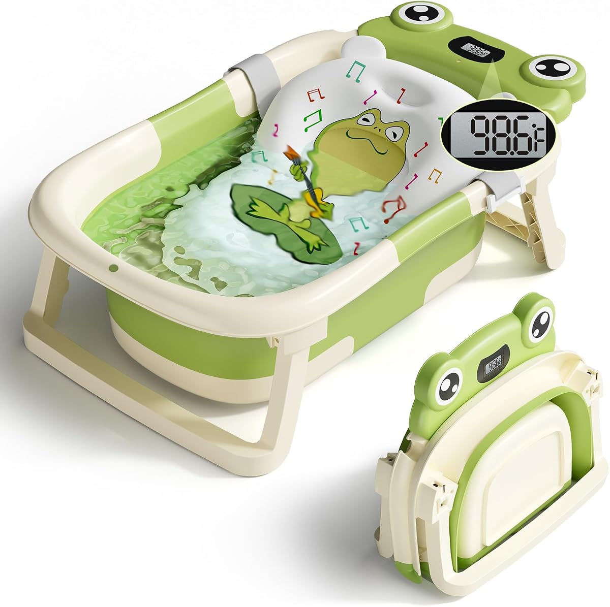 BUNWAG Bañera para bebé, bañera plegable para recién nacidos con cojín suave y termómetro, bañera portátil de viaje para recién nacidos con pies antideslizantes, regalos de baby shower, baño para bebés de 0 a 12 meses, verde